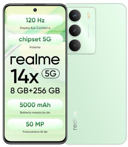 realme 14x 5G Smartphone 8+256GB, Octa-core, Batteria massiva da 5000mAh, Fotocamera da 50MP, MediaTek Dimensity 6300, Display curvo da 120Hz, Cellulari Android 15, Verde (senza adattatore)