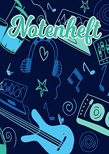 NOTENHEFT: DIN A4 für Anfänger und Fortgeschrittene / Blanko NotenBlock / Leere Notenzeilen / Notensystem / für die Schule / Komponist / Design : bunt Modern Musikinstrument