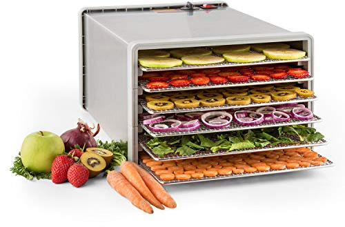 Klarstein Fruit Jerky Pro - Dörrgerät, Dörrautomat, einzeln entnehmbar, einstellbare Temperatur, große Trockenfläche, Timer, Ventilator, 630Watt, 6 Etagen, silber