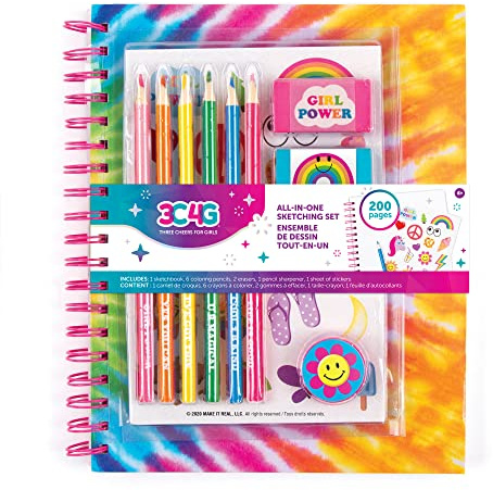 Tre skål för flickor av Make It Real Rainbow batikfärgat skrivmaterial set - journal anteckningsbok med pennor och söta klistermärken - konst och hantverk för barn
