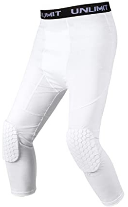 Unlimit for 4-16 yrs, Youth Basketball Pants with Knee Pads, 3/4 Capri Compression Pants for Boys. (White, XS: for 4-5 yrs)