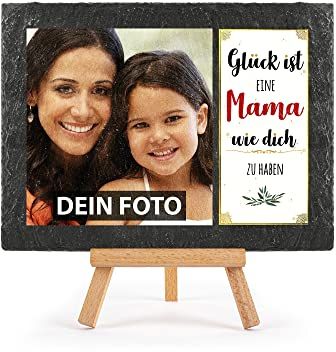 Schieferplatte selbst gestalten - mit Foto bedrucken - Glück ist eine Mama wie dich zu haben - Geschenk Muttertag, Geburtstag, Weihnachten, Schiefertafel mit Staffelei, 15 x 20 cm