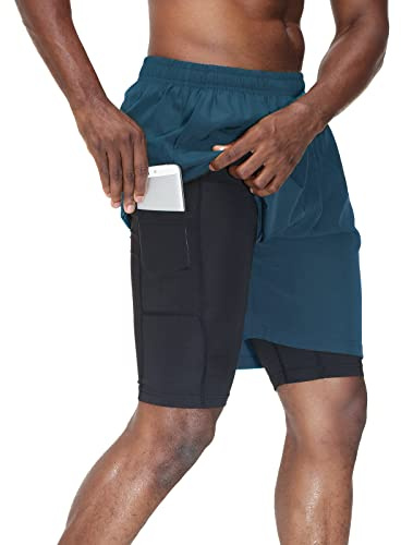 HMIYA Herren 2 in 1 Shorts Fitness Sporthose Kurz Jogginghose Schnelltrocknende Laufhose mit Kompressionsshorts und Taschen Reißverschlussfach
