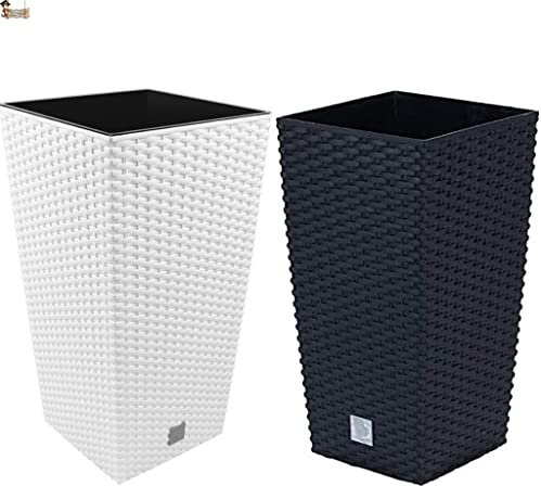BricoLoco.com Lote 2 Macetero o Maceta Alto Grande Exterior o Interior. Antracita y Blanco. Decorativa. Plástico Polipropileno imitación ratán. Capacidad Total 26,6 litros. Depósito 11 litros.