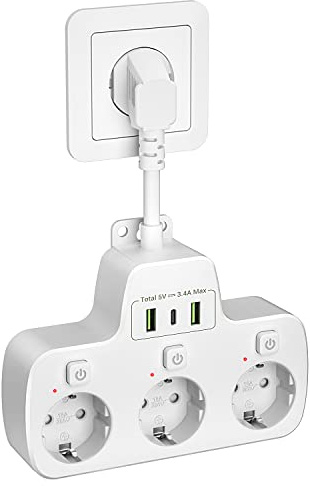 Regletas Enchufes USB C con Interruptor Individual,Enchufe Multiple 3 Tomas | Alargador Ladron Pared Protección Infantil,Alta Seguridad Triple Adaptador,Cable Corto de 10cm,para Salone y Oficina,Blanco