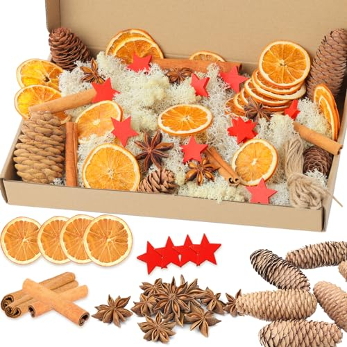 YUNSTK 107 Stück Weihnachtskranz Deko Potpourri Weihnachten, Weihnachtsdeko Adventskranz mit Tannenzapfen, Zimtstangen, Getrocknete Orangenscheiben, Sternanis, Juteschnur, Moos, und Pentagramm
