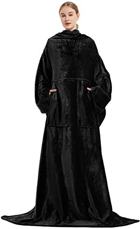 Maxesla Wearable Blanket With Sleeves - Soft Cosy Fleece Snuggle Throw, Fluffy Plush Winter TV Cover for Sofa Couch, 140 * 180, Black