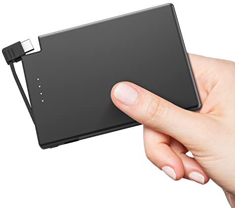 Auskang 3500mAh Mini Power Bank, Chargeur Portable USB C avec câble intégré, Petite Batterie Externe Compatible avec Samsung, Xiaomi, Huawei,Tablettes et Plus