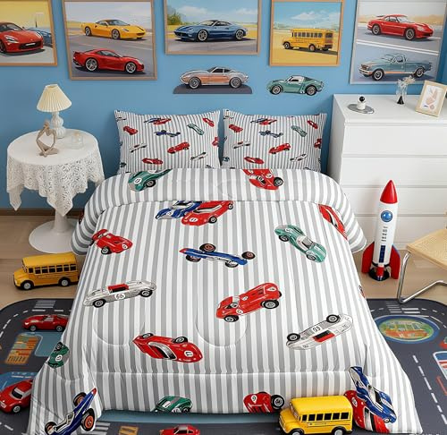 Feelyou Race car Comforter Set Speed Sports Car Bedding Set Racing Car Comforter White Grey Quilted Duvet Set for Kids Boys Girls Microfiber Twin