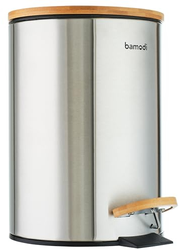 Bamodi 3L Stainless Steel Pedal Bin With Lid for Kitchen - Odour-Proof Waste Separation - Hygienic Rubbish Bin, Silver With Bamboo Lid