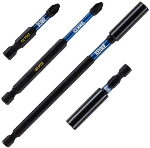 4 Piece Magnetic 60mm and 152mm Professional Impact Bits & Bit Holders | 1 x 100mm Pozidriv PZ2 Screwdriver Impact Bit & 1 x 50mm Phillips No.2 PH2 Screwdriver Impact Bit. Heavy Duty