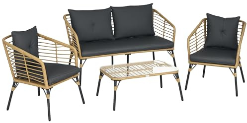 Outsunny 4 TLG. Gartenmöbel-Set mit Kissen für 4 Personen Sand+Dunkelgrau