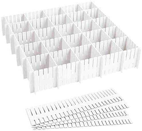 Melldrry Separatori per Cassetti, 16 Pezzi Divisori per Cassetti Regolabili 32x7cm, Organizzatore per Cassetti in Plastica, per Ufficio, Cucina o Camera da Letto (Bianco)