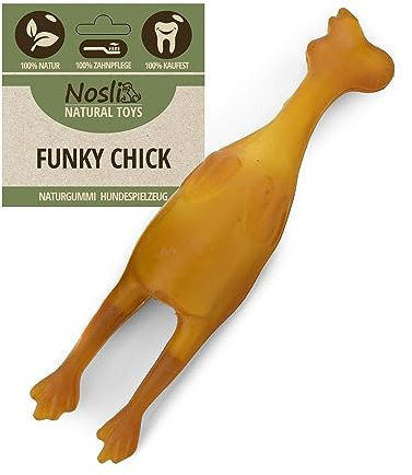 Nosli Funky Chick Hundespielzeug aus Naturgummi, Gummihuhn | 100 % Naturgummi ohne Farbstoffe, robustes Kauspielzeug für Hunde zur Beschäftigung und Zahnpflege.