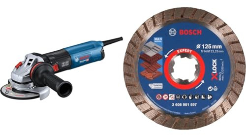 Bosch Professional Winkelschleifer GWS 14-125 + 1x EXPERT MultiMaterial X-LOCK Diamanttrennscheibe (für Beton, Ziegelsteine, Weichgestein, Dachziegeln, Ø125x22,23 mm, Zubehör)