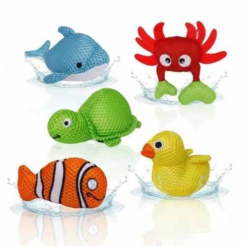 alldoro Aquanauts, 5 süße Badetiere aus Polyester-Stoff, gehen Nicht unter | 10-12 cm große Schwimmtiere für Badewanne, Pool & Planschbecken, schwimmendes Wasserspielzeug für Kinder ab 2 Jahren