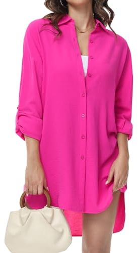 Tanmolo Damen Bluse Langarm Hemdbluse Lässige Longbluse | V-Ausschnitt, Langarmshirt, Knopfleiste, Krempelärmel, Lässiges Longshirt, Ideal zu Leggings