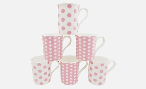Tamersgifts Set of 6 Fine Bone China Spotty Mugs Polka Dot Pink & White Coffee Tea Cups, Lightweight Dishwasher & Microwave Safe 300ml Mug Gift Set
