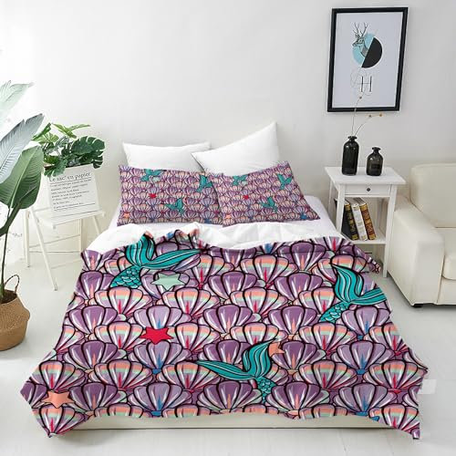 ANHOPE Meerjungfrau Bettwäsche Set 2 Teilig Schwanz Muscheln Bettbezug 135x200 cm + Kissenbezug 80x80 cm Weich Microfaser Bettbezüge mit Reißverschluss Bettdeckenbezug für Kinder Mädchen