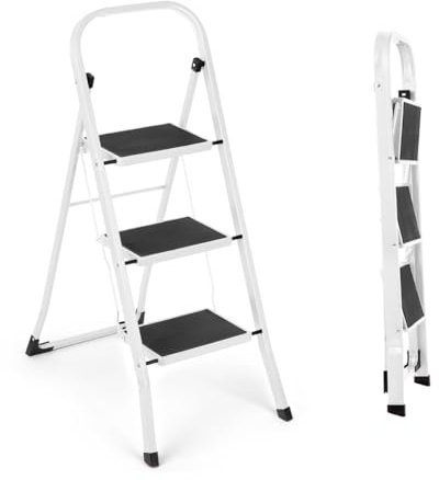 3 Step Ladder | Portable Folding Ladders | Lightweight Sturdy Steel Ladder | Anti Slip Feet | Non-Slip Safety Treads | Easy to Store Step Stool | DIY Gardening Kitchen Garage | 150kg Capacity, White
