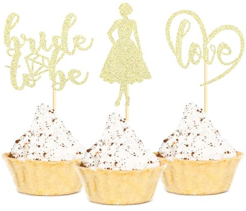 Sotpot 24PCS Bride to Be Cupcake Toppers Gold Glitter Heart Dress Cupcake Picks for Bridal Shower Wedding Engagement Party Cake Decorations