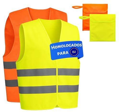 LiveLaif®- 2 Chaleco Reflectante Homologado + 2 Bolsas | Amarillo+Naranja, TallaUnica, Unisex | Chaleco Coche Homologado DGT | Chaleco Running, Chaleco Trabajo, Chaleco Reflectante Moto (2, Mix)
