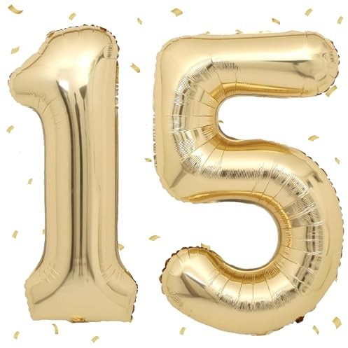 Ballons 15 Or Clai,101cm Foil Ballons Chiffre 15 Or, Grands Ballon Numéro 15,Décoration 15 ans pour Garcon Fille Anniversaires Fête Deco