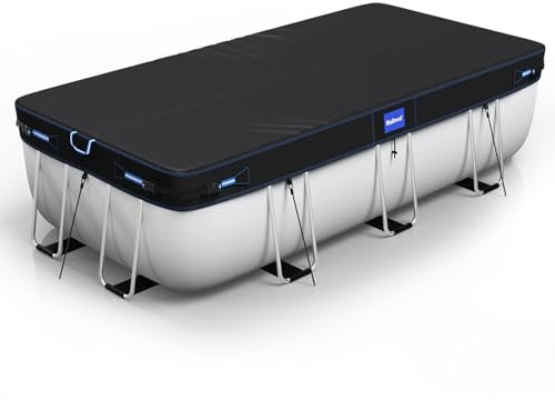 Holiwei 9x18 Ft Rectangular Pool Cover with Reflective Strips for Above Ground Pool, 420D Swimming Pool Cover for Rectangular or Oval Frame Pools, Solar Cover with Drawstring and Ground Nails