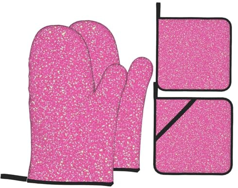 Ofenhandschuhe und Topflappen, glitzernde rosa Glitzer-Ofenhandschuhe mit Topflappen, rutschfeste Handschuhe, hohe Hitzebeständigkeit, 500 Grad, für Grill, Backen, Kochen, Backofen, Mikrowelle, 4