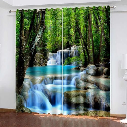 Beydodo Gardinen mit Ösen 2er Set 244x214CM, Verdunklungsvorhänge Natur Fluss im Wald Gardinen Blickdicht Kinderzimmer Wohnzimmer