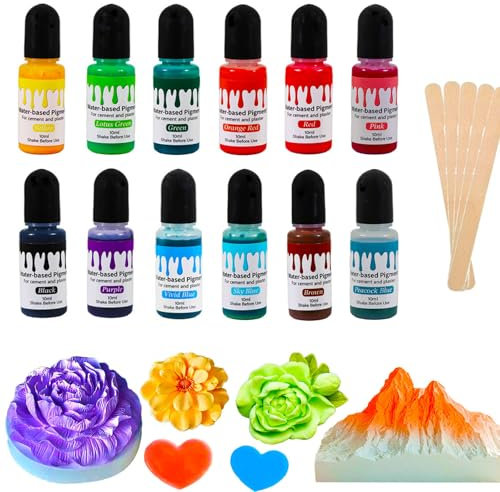 Altaroo 12 Stück Farbpigmente für Gießpulver, Gießpulver Farbe 12 Farben mit 5 Rührstäbchen, Farbe für Gießpulver Pigment auf Wasserbasis für Betonfarbe, Gips, Zementfarbe, Keramik -je 10ml