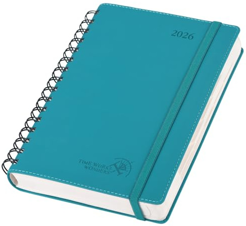 POPRUN Kalender 2026 Tagesplaner Softcover 21,5 x 14,5 cm (Jan.2026-Dez.2026), Tageskalender Ringbuch 1 Tag 1 Seite (Montag - Sonntag) mit PU-Leder, Monatliche Registerkarten - Pazifikgrün