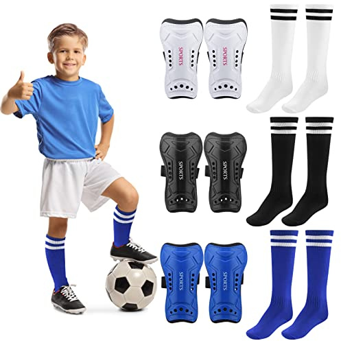 3 pares de espinilleras de fútbol juvenil + 3 pares de calcetines de fútbol LAN-ge, almohadillas flexibles para espinilleras de fútbol para niños de 6 a 15 años