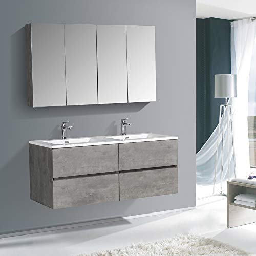 BERNSTEIN - Meuble double vasque suspendu salle de bain MDF Aspect béton, lavabo Marbre Blanc brillant + trou robinet & 4 tiroirs - 130x52x52cm - EDGE 1300