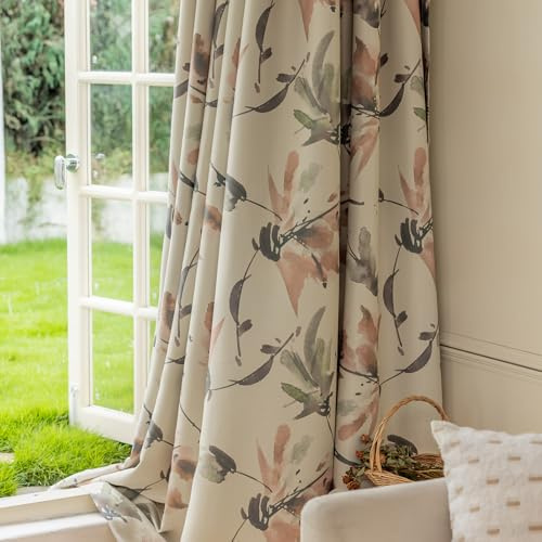 SUOUO Braune Verdunkelungsvorhänge mit Blumenmuster für Schlafzimmer, Bedruckt, grau-rotes Blatt, H 225 x B 140 cm, 2er-Set, Raumverdunkelung, Fenstervorhänge für Wohnzimmer