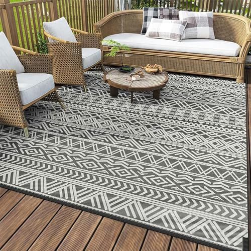 Hiseng Boho Outdoor Rugs for Patios Waterproof, UV Decking Woven Garden Mats Anti-slip Reversible Large Outdoor Rug for Lawn, Camping, Deck, Beach, Picnic, Backyard (Grey,60x96in)