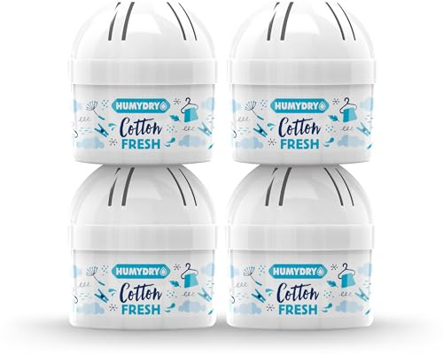 4 x HUMYDRY Mini 75 g Cotton Fresh Luftentfeuchter und Lufterfrischer in Einem. Abosrbiert überschüssige Feuchtigkeit in kleinen Räumen, ideal für Schubladen, Schränke, WC's