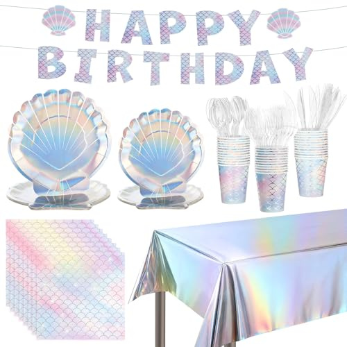 126 PCS Mermaid Tableware Set, Iridescent Plates Cups Napkins Cutlery, Disposable Paper Tableware Kit with Happy Birthday Banner and Tablecloth, Dinnerware for 24 Guests