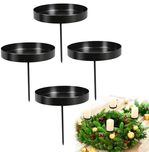Kerzenhalter Adventskranz, 4er Kerzenständer Schwarz Stumpenkerzen 8cm, Metall Adventskerzenhalter ohne Dorn, Adventsteller Kranz zum Stecken, Stabkerzenhalter Kerzenstecker für Adventskranz