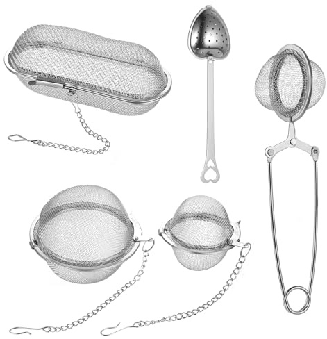 5 Stück Gewürzsieb zum Mitkochen, Edelstahl Teesieb Gewürzei, Gewürzball, Teekugeln, Metall Gewürzkugel mit Kette, Teaballs, Tee Ei Sieb Teeei für Losen Tee Gewürze Kräuter Mulling Würze(4 Stile)