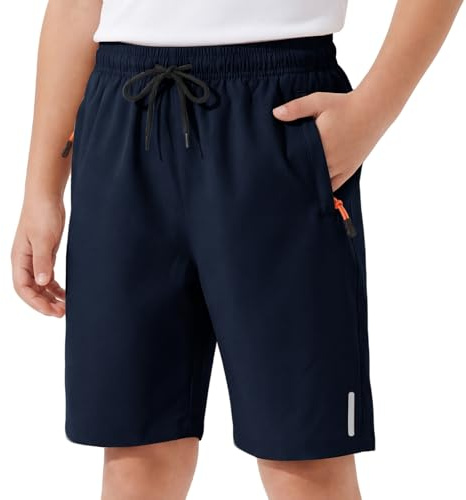 Hoseay Boys Shorts Kids Quick Dry School PE Short Drawstring for 6-13 Years | Reflective Strips, Zipper Pockets, Breathable Athletic Shorts, Lightweight Activewear, Elastic Waistband, Football Running,