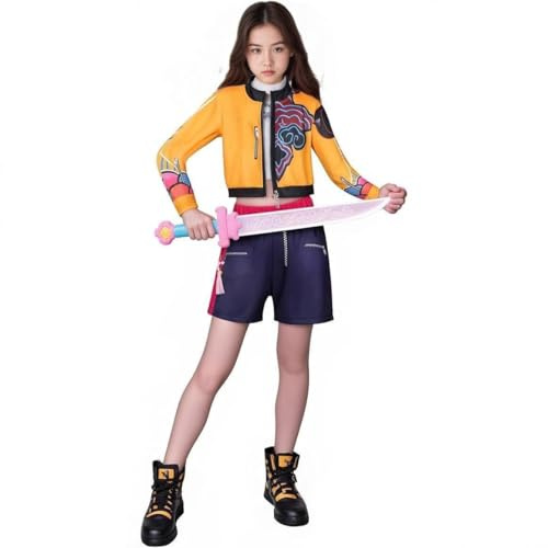 Aegisdorn Costume da 3 pezzi, per bambine, per Halloween, cosplay, feste, carnevale, uniforme da cantante pop, set completo per bambini (arancione, 9-10 anni)
