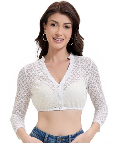 Trachtland Camicietta Dirndl Donna Manica Lunga per Costume Tradizionale Oktoberfest Elegante con Scollo a V Bottoni Pizzo Bianco Taglia 34-44 (DE/NL/SE/PL, Numerico, 44, Normale, Normale, Bianco)