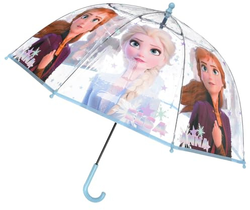 CARTOON Ombrello cupola Frozen Elsa e Anna per bambini trasparente POE 74 cm apertura manuale manico curvo azzurro impermeabile
