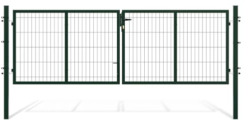 Eikuavons Double portail de jardin, 300 x 100 cm, double battant pour tringle avec poignée, serrure, 3 clés et verrouillage au sol, robuste porte de jardin, portail de cour, portail de clôture, vert