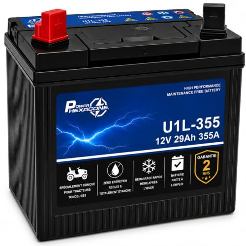 BATTERIE TRACTEUR TONDEUSE U1L-355 12V 29Ah 355A CCA – Format U1 – Plomb Acide – Haute Performance – Sans Entretien – 196x132x185mm – Garantie 2 Ans