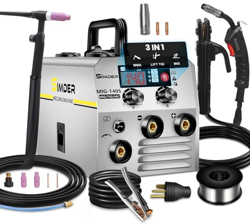 SSimder Fülldraht Schweißgerät Ohne Gas, 3 in 1 MIG mit TIG-Schweißbrenner | 140A,Auto Reparatur, Garten Zaun, Heimwerken DIY, Landwirtschaft, 220V, 3.31 kg Leicht Kompakt, Flux Core MMA Lift TIG