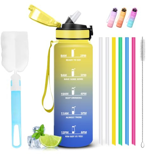 Mujigaga Borraccia 1 litro, Borraccia con Cannuccia, Senza Perdite, Borraccie Palestra, Facile da Pulire, Borraccie Motivazionale, con Spazzolino per Cannuccia, per Fitness, Picnic, Yoga, Basket
