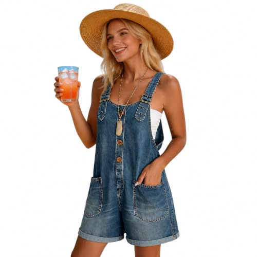 Dungaree Shorts for Women UK Denim Romper Women 2026 Denim Dungarees Shorts for UK Loose Fit Overalls Elegant Baggy Romper Wide Leg Playsuit Dressy Classic Adjustable Straps Jumpsuit White