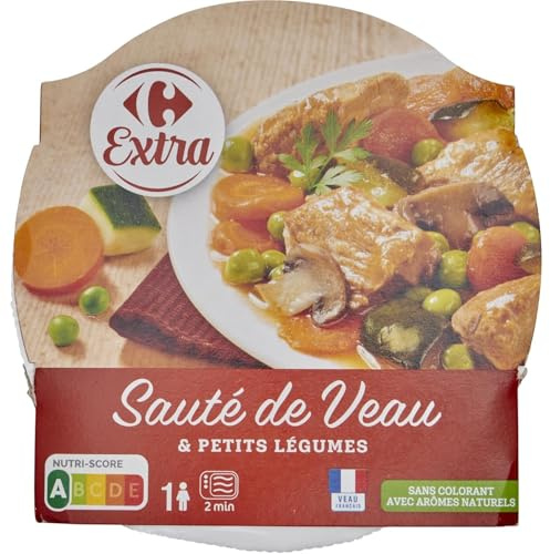 CARREFOUR EXTRA - Plat cuisiné sauté de veau et petits légumes, sans colorant, avec arômes naturels, 280g - Nutri-Score A - Veau français en box individuelle - Lot de 4